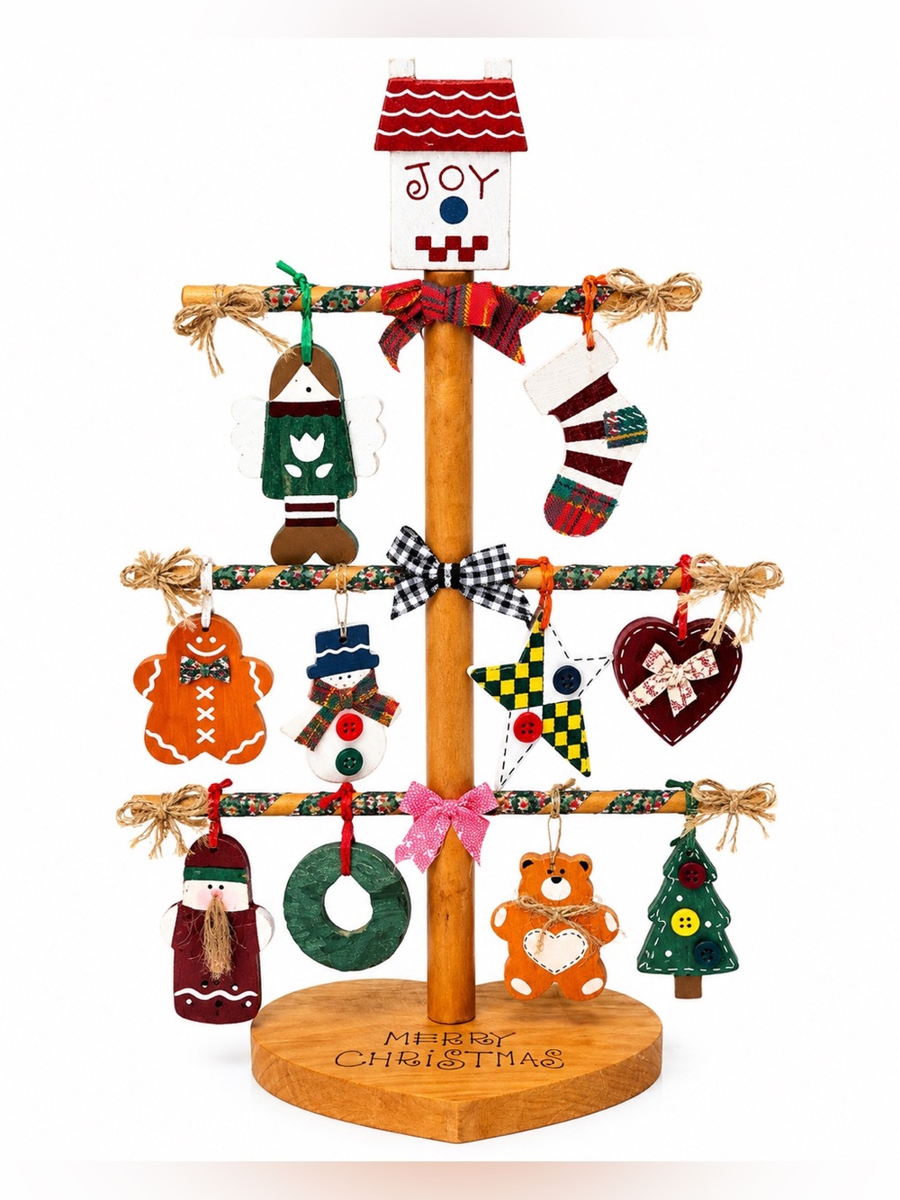 Vintage Country Wood Christmas Tree 10 Wooden Ornaments & Stand Original Box